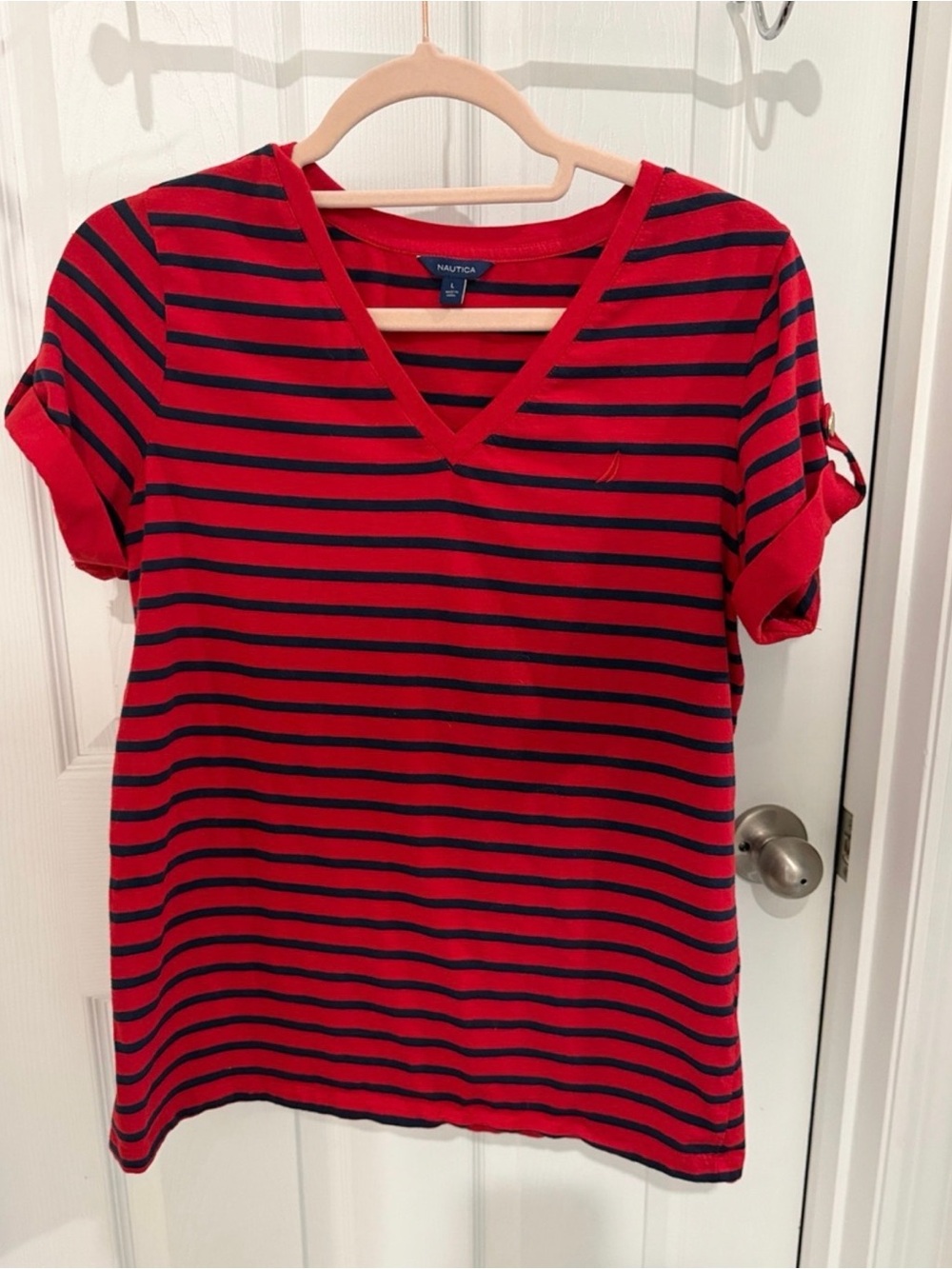 Nautica Red and Navy Striped V-Neck Short Sleeve Top - Picture 4 of 4